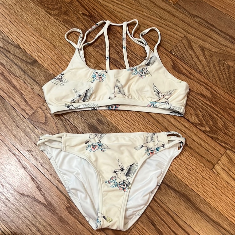 bird and flower print white bikini